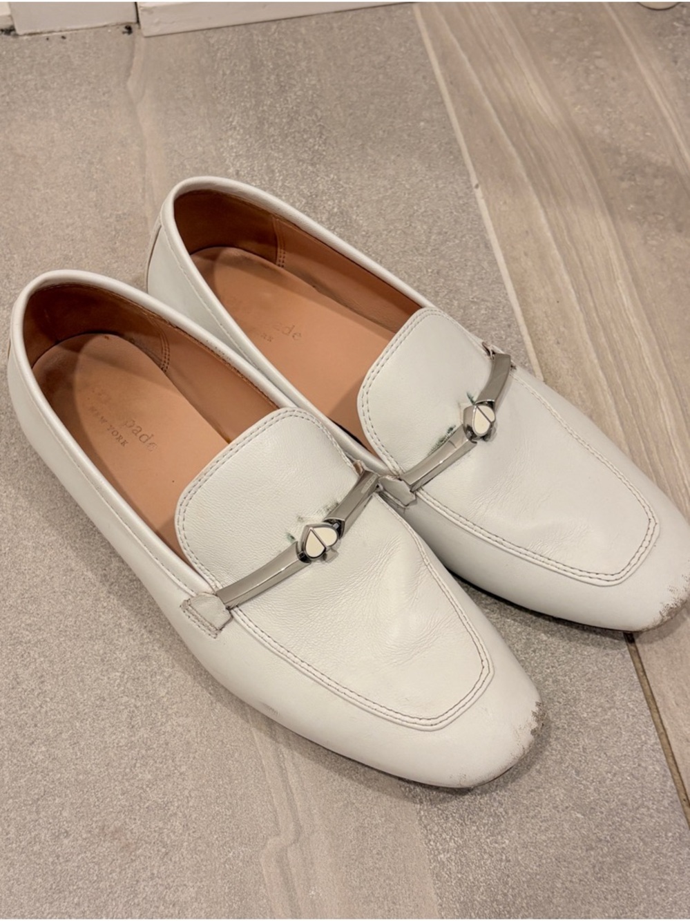 Kate Spade White Leather Loafers with Silver Hardware - Size 8.5